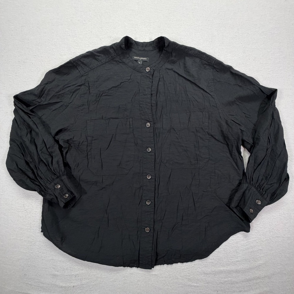 Banana Republic Button Up Women XL Black Band Collar Utility Blouse Long Sleeve